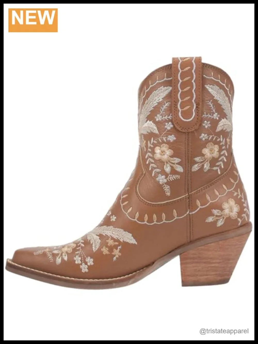 Leather Snip Toe Cowboy Booties Embroidered Floral Pull On Block Heel